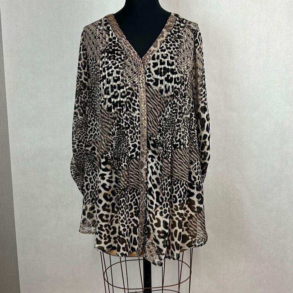 Valerie Stevens Womens Animal Print Tunic Shirt Top Blouse Sz 1X Roll Tab Sleeve